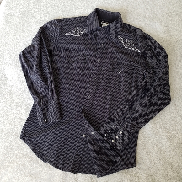 Wrangler Stripe Snap Button Western Ranch Black Dress Shirt Button Up